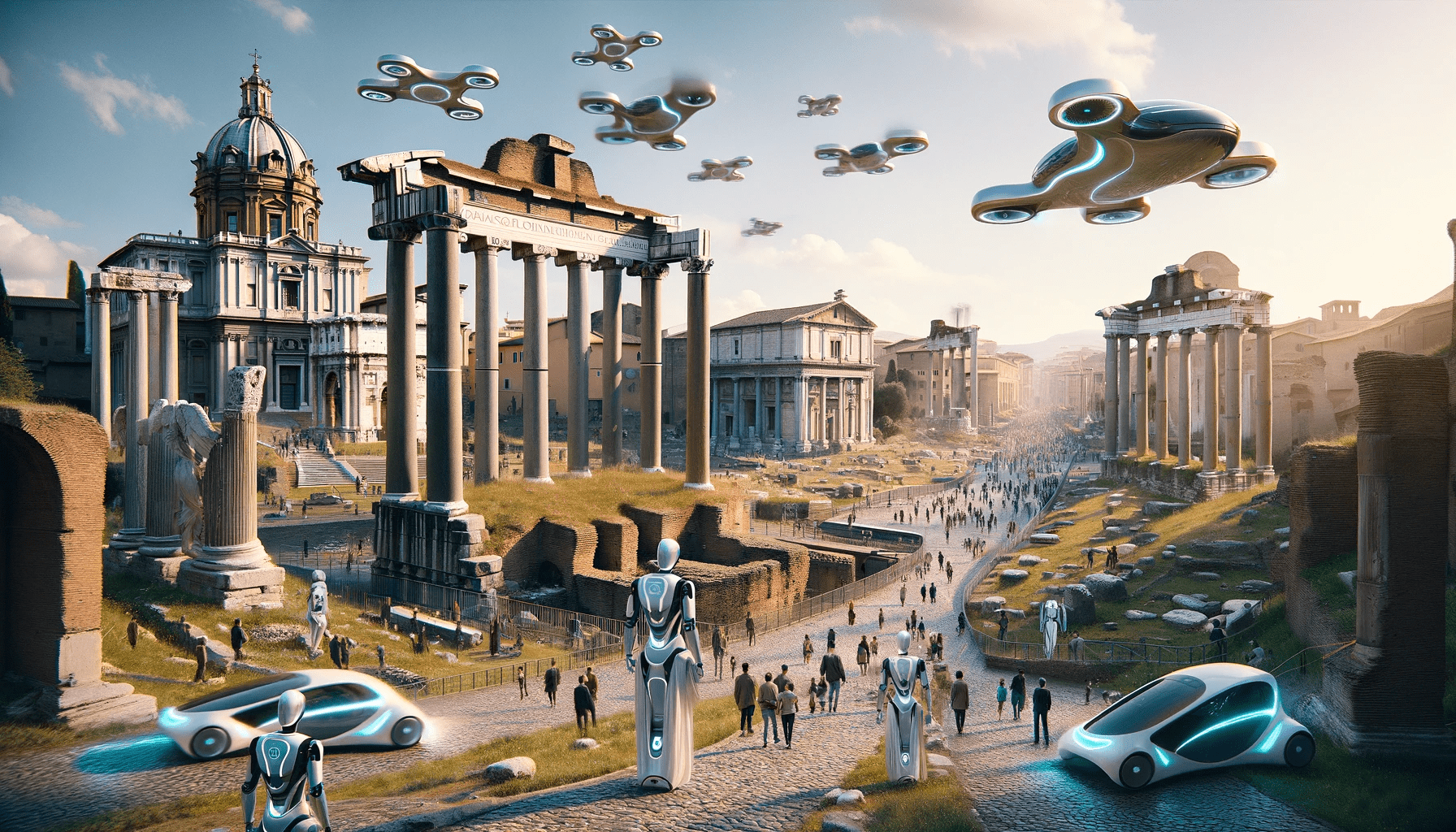  the Roman Forum in the year 2100, where the ancient ruins meet futuristic technology