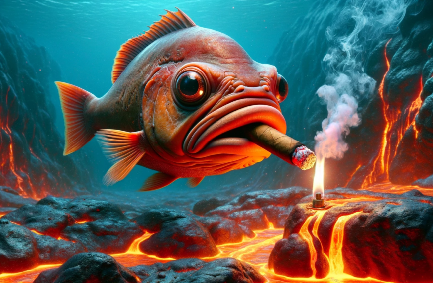 Homo Piscis Fish dangerously smoking a cigar near a volcano lava stream