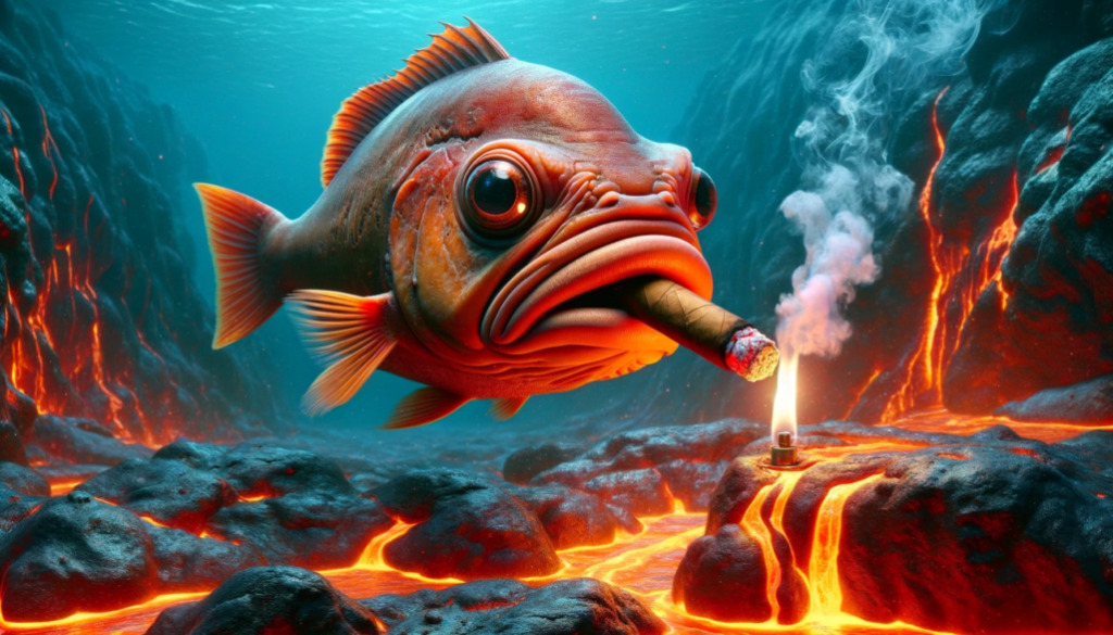 Homo Piscis Fish dangerously smoking a cigar near a volcano lava stream