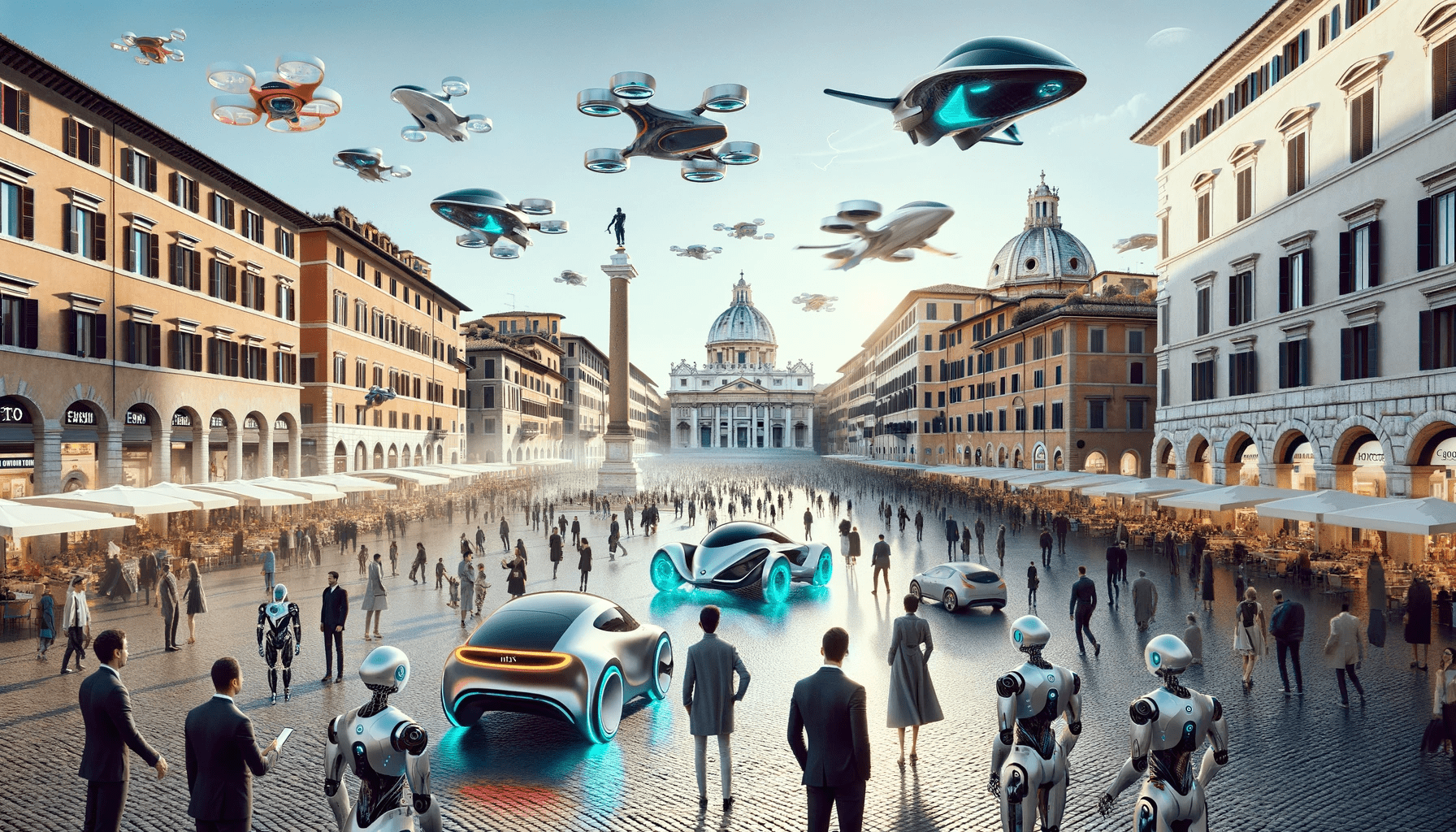 Piazza Campo dei Fiori in Rome in the year 2100. The square is bustling with advanced technology