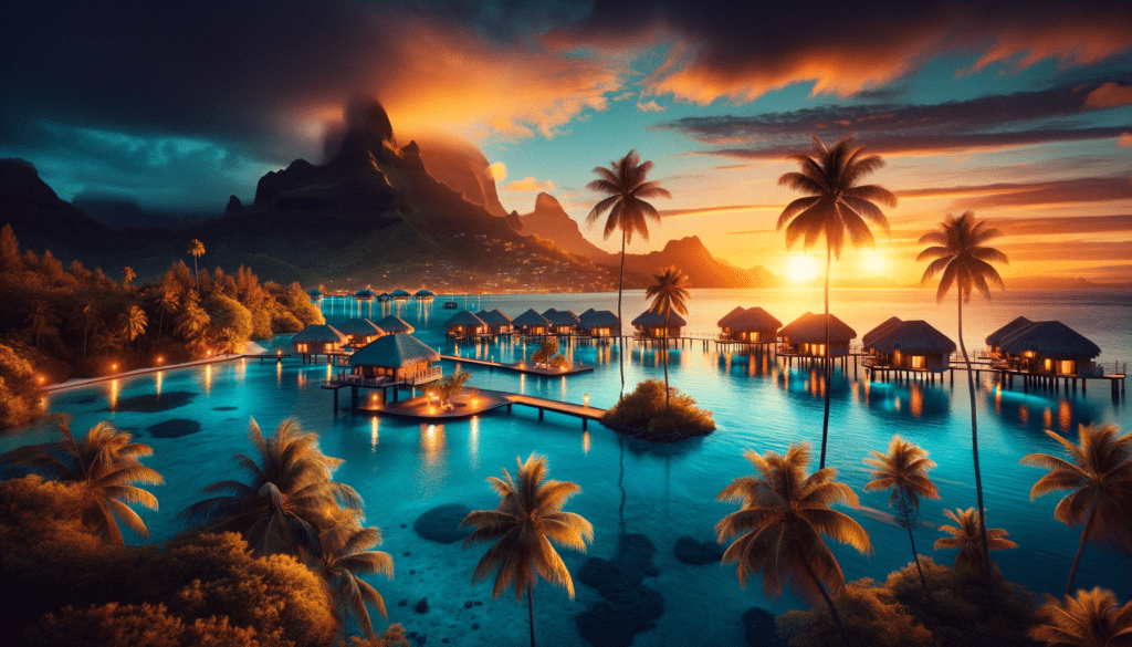 The beauty of Bora Bora's blue lagoon at sunset AI generated