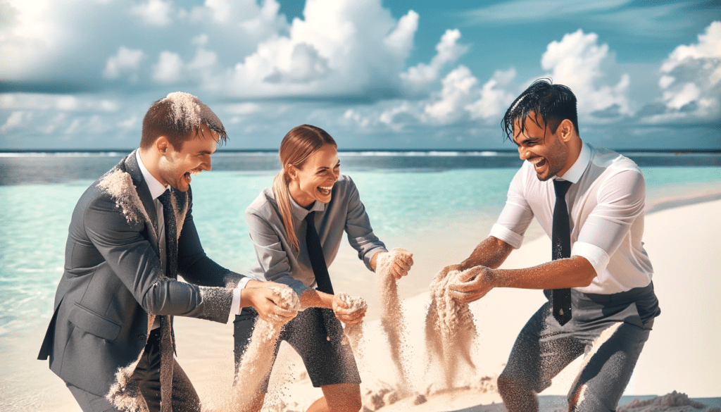 a woman and two men in business clothes having fun on Maldives beach with sandballs