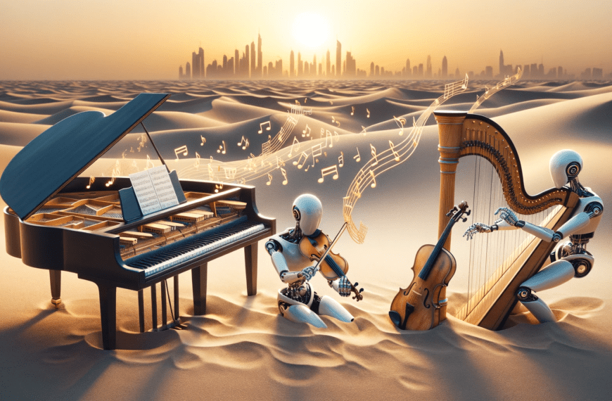 a piano, a violin, and a harp in the Dubai desert, each being played by AI robot hands