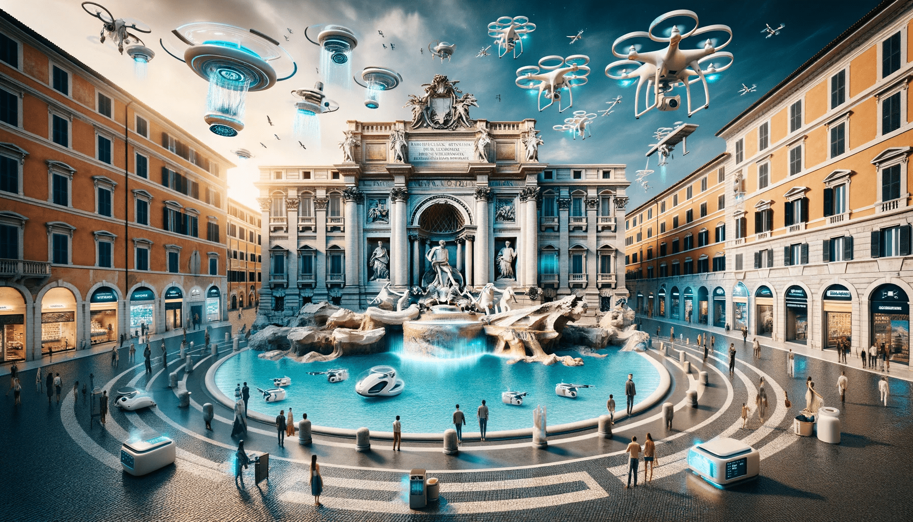 the iconic Fontana di Trevi in Rome as it appears in the year 2100