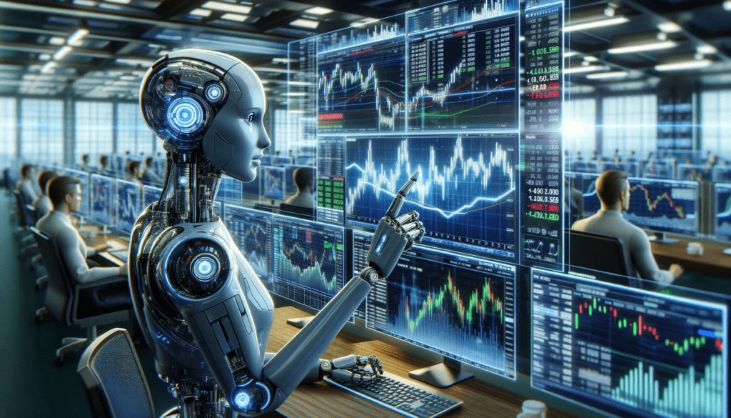 A conceptual and detailed image of AI conducting stock market trading. The scene should depict a high-tech trading floor, with multiple screens display