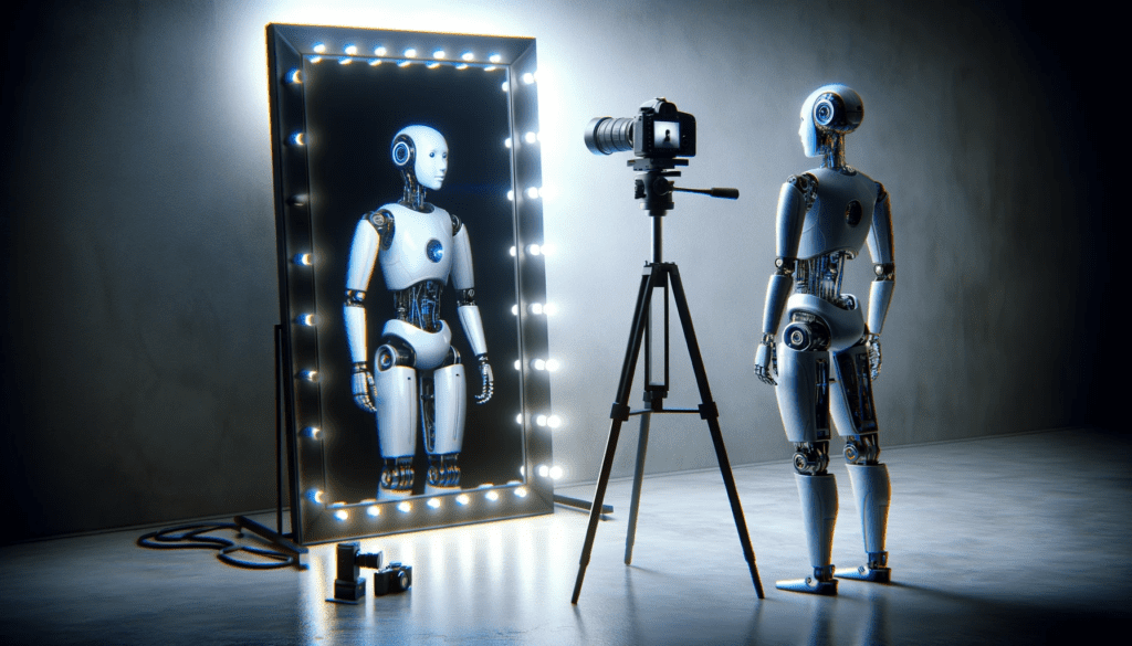 ai in front of a mirror filming itself