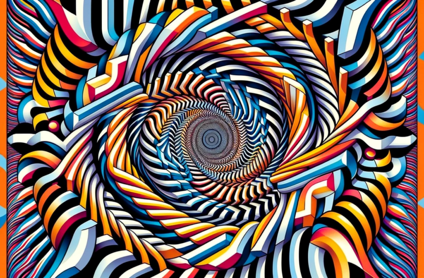 A mesmerizing optical illusion featuring a series of interlocking shapes and patterns creating a sense of depth and movement