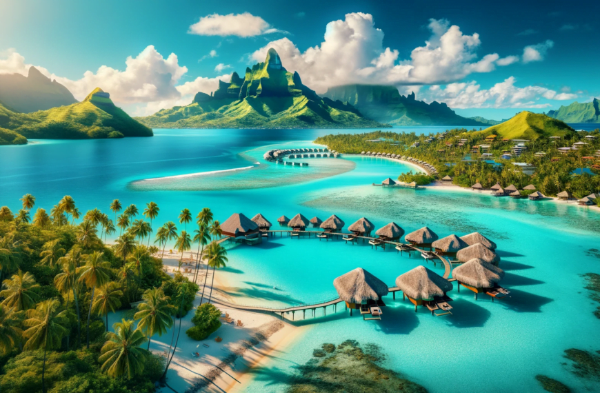 A breathtaking image of Bora Bora, set in a 16_9 aspect ratio. The scene captures the island's iconic crystal clear turquoise waters and the majestic