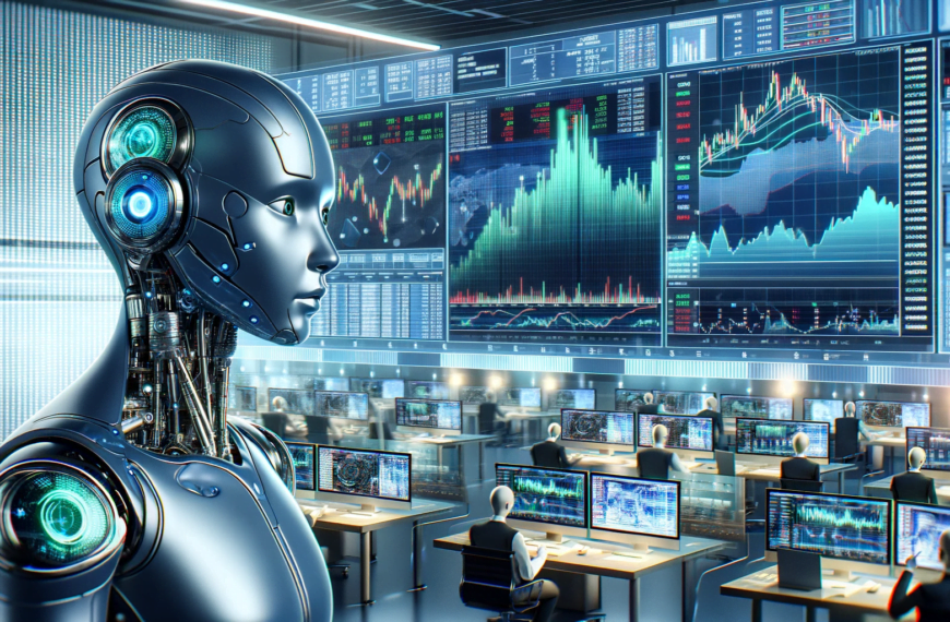 A conceptual and detailed image of AI conducting stock market trading