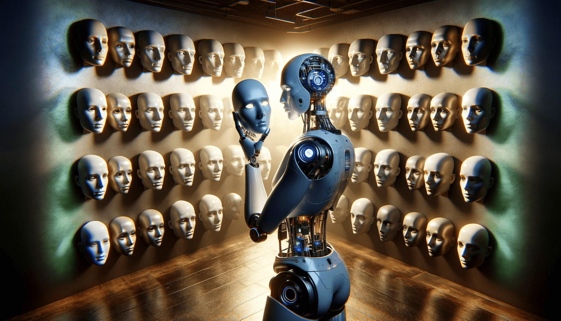 an AI robot trying multiple masks resembling human faces