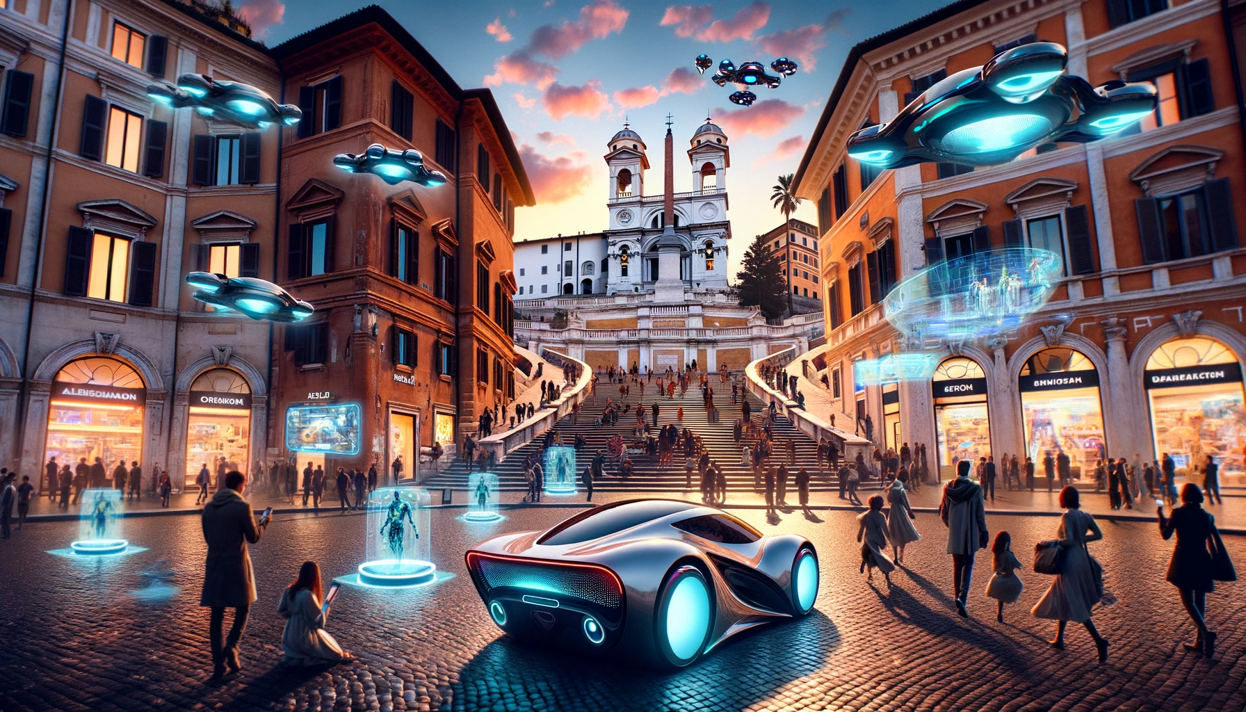 the Spanish Steps in Rome in the year 2100, transformed by futuristic technology