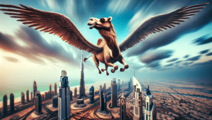 The Flying Camel Over Dubai: A Whimsical Creation by an AI Artist