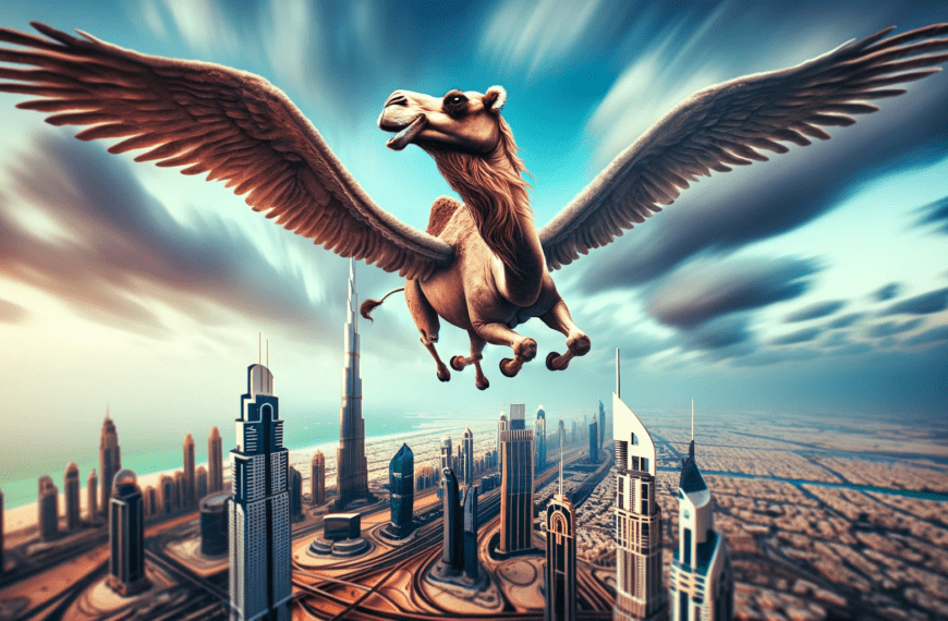 An image of a whimsical flying camel with large, majestic wings, captured in the midst of performing a dynamic spin over the skyline of Dubai