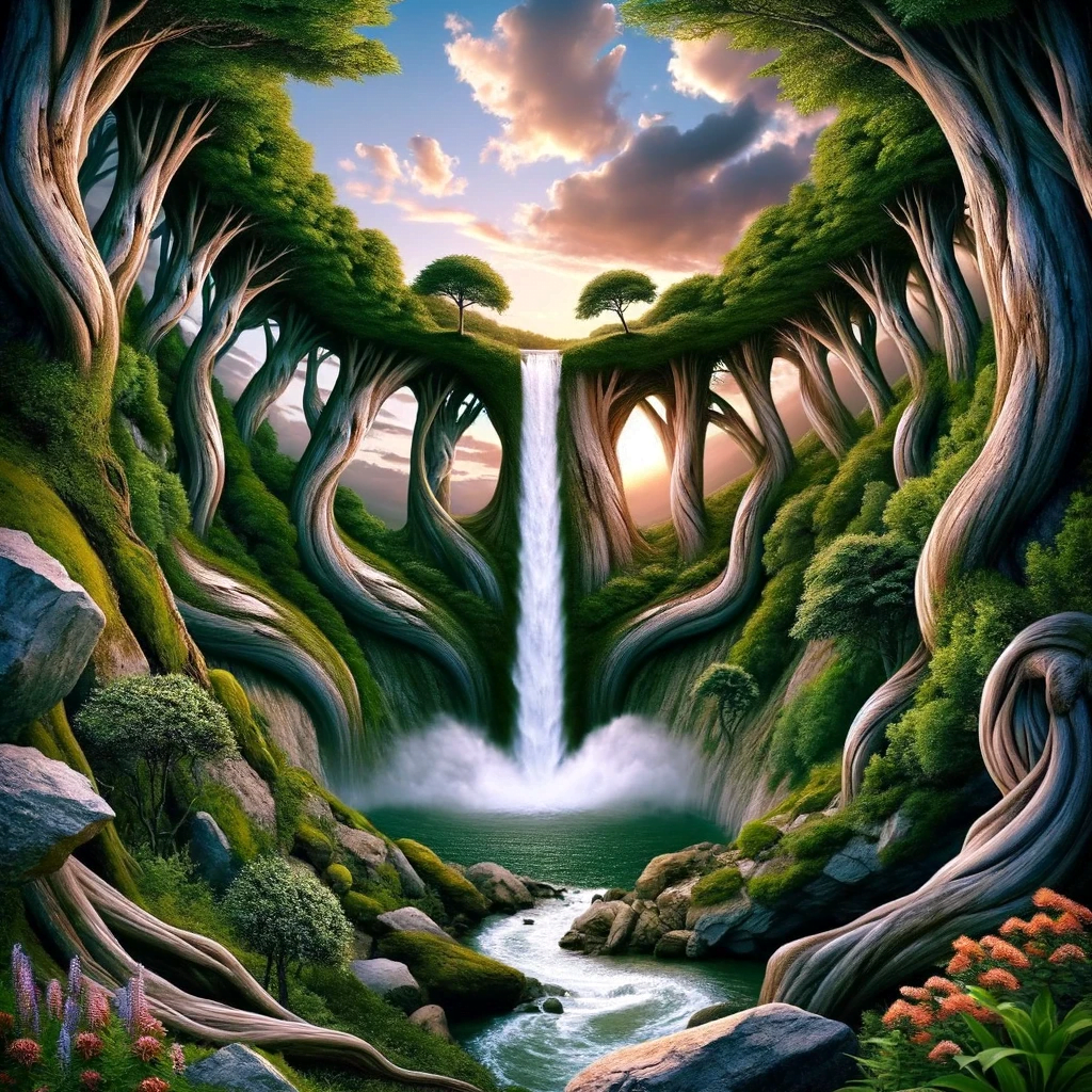 AI generated image of optical illusions with nature, tree and waterfall