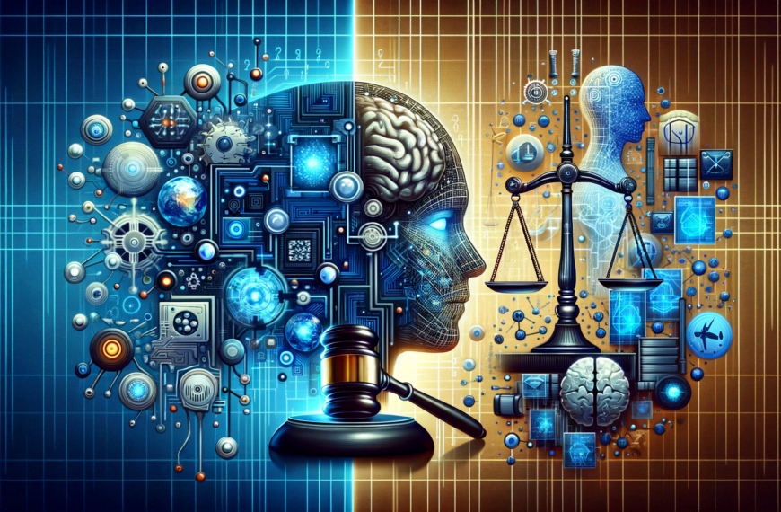 how law and legislation affect the AI revolution. The image should illustrate a balance between technologic and legal rights