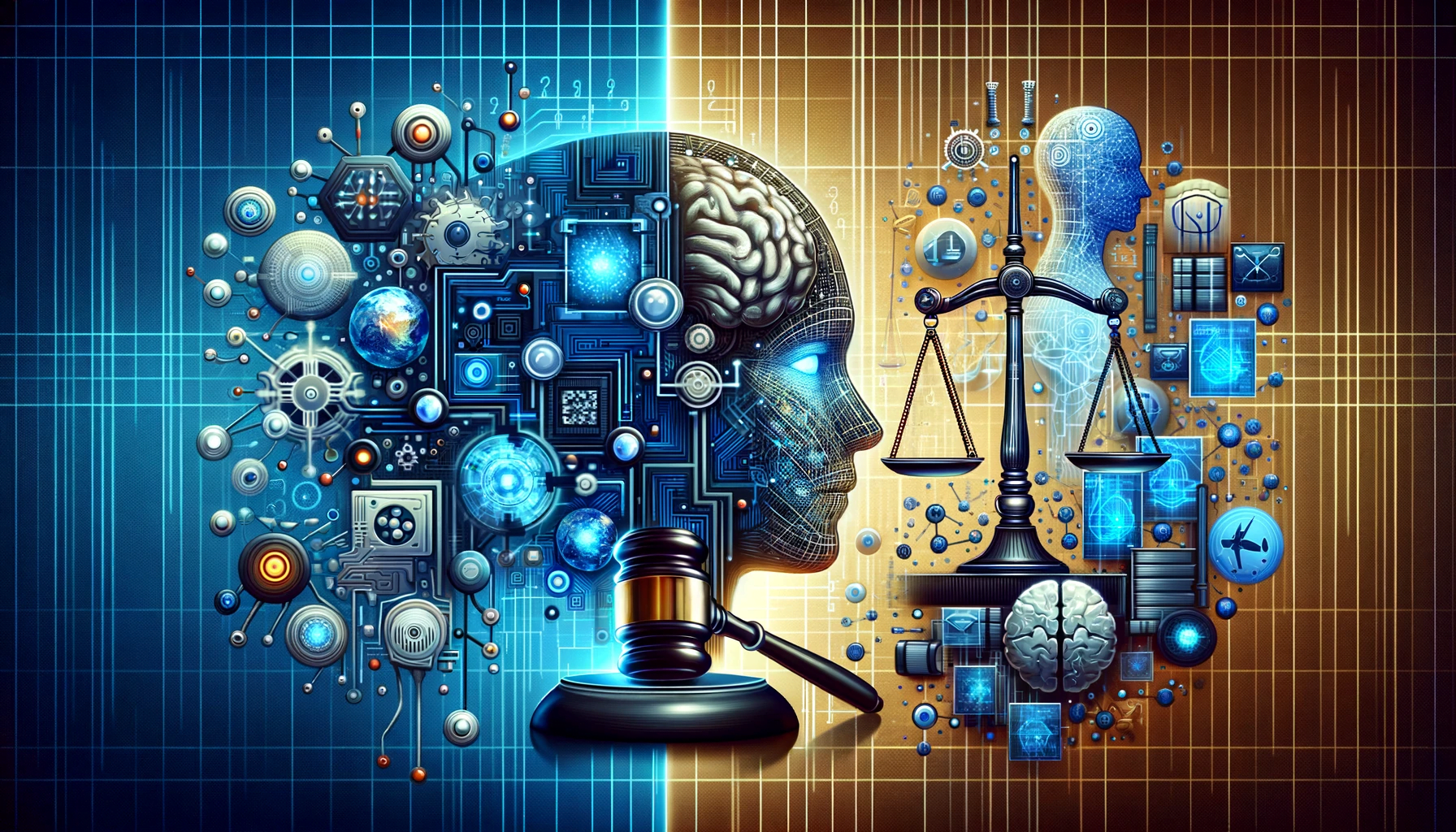 how law and legislation affect the AI revolution. The image should illustrate a balance between technologic and legal rights