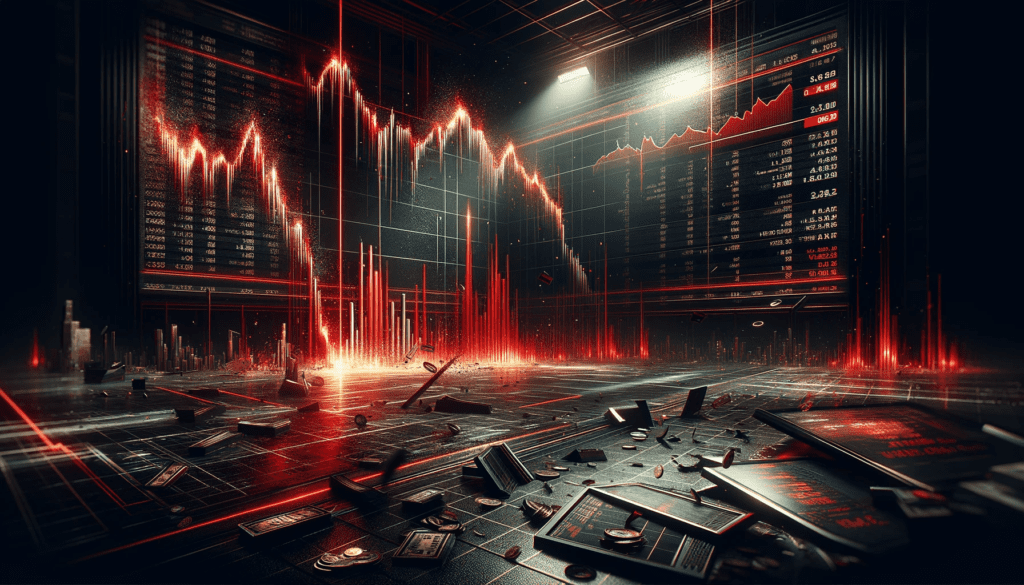 A dramatic and impactful image representing the concept of the stock market crashing. The scene should depict a large stock exchange screen with graph