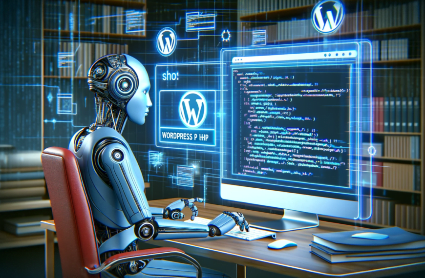 An illustrative and conceptual image showing an AI entity troubleshooting a WordPress PHP error
