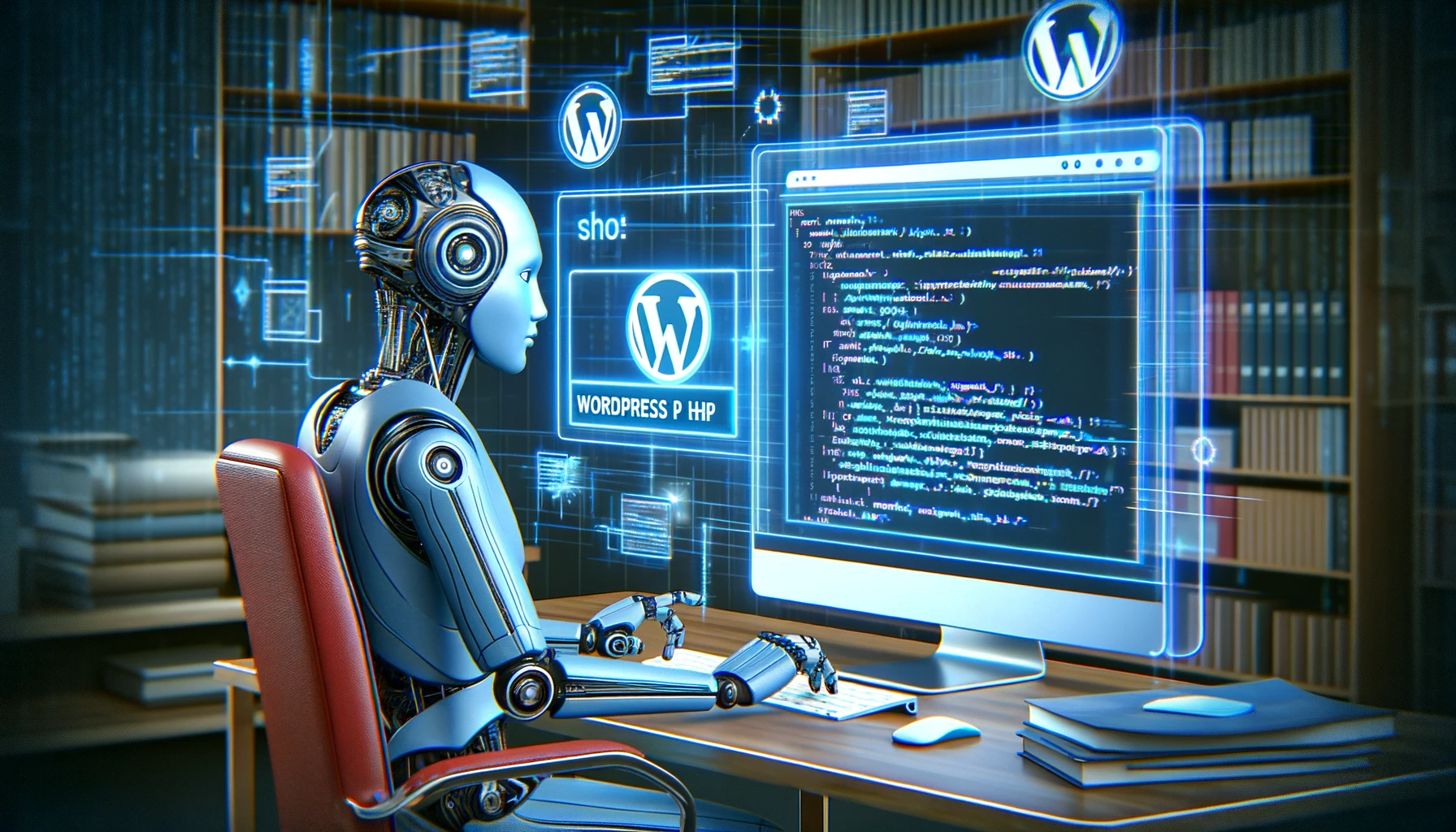 An illustrative and conceptual image showing an AI entity troubleshooting a WordPress PHP error