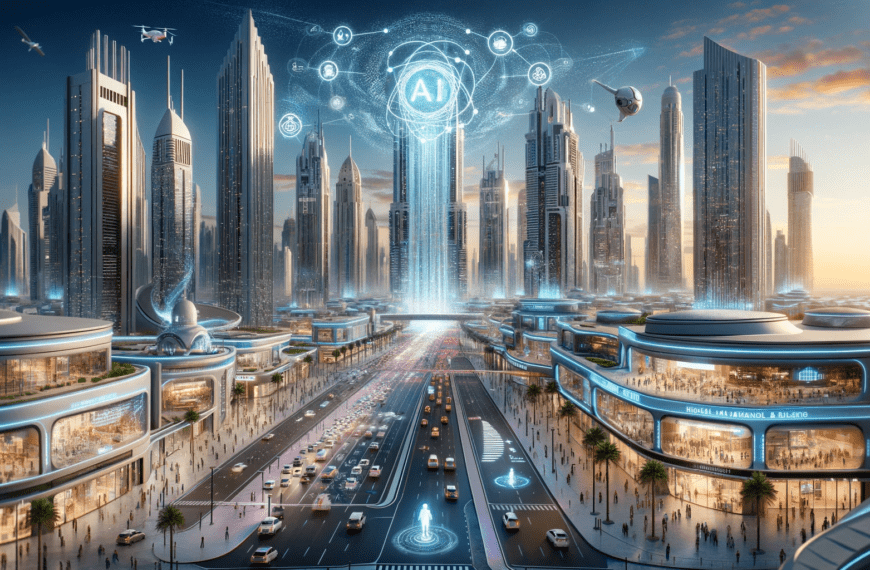 A visionary portrayal of the role of AI in Dubai in the year 2100, capturing the essence of a highly advanced society