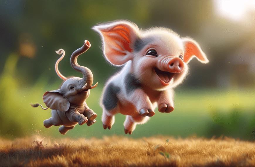 A joyful and animated depiction of a baby pig elephant, a whimsical creature blending a piglet and a baby elephant, happily jumpin