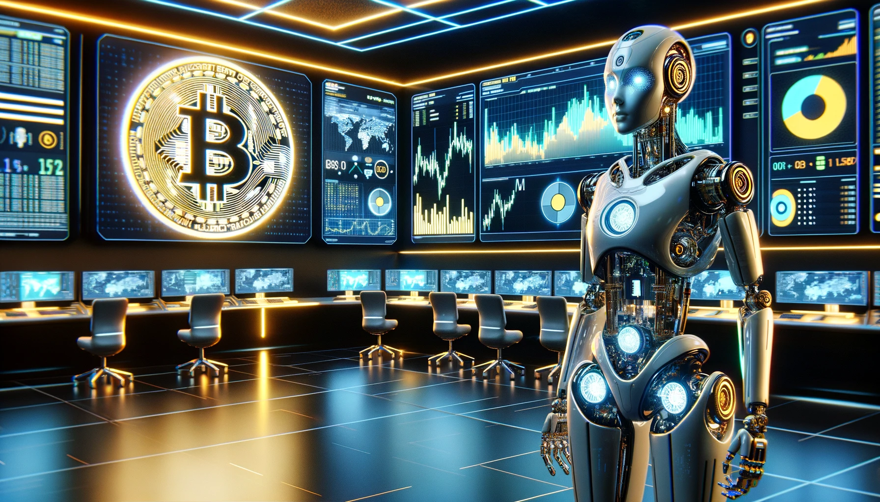 a high-tech cryptocurrency trading floor powered by artificial intelligence