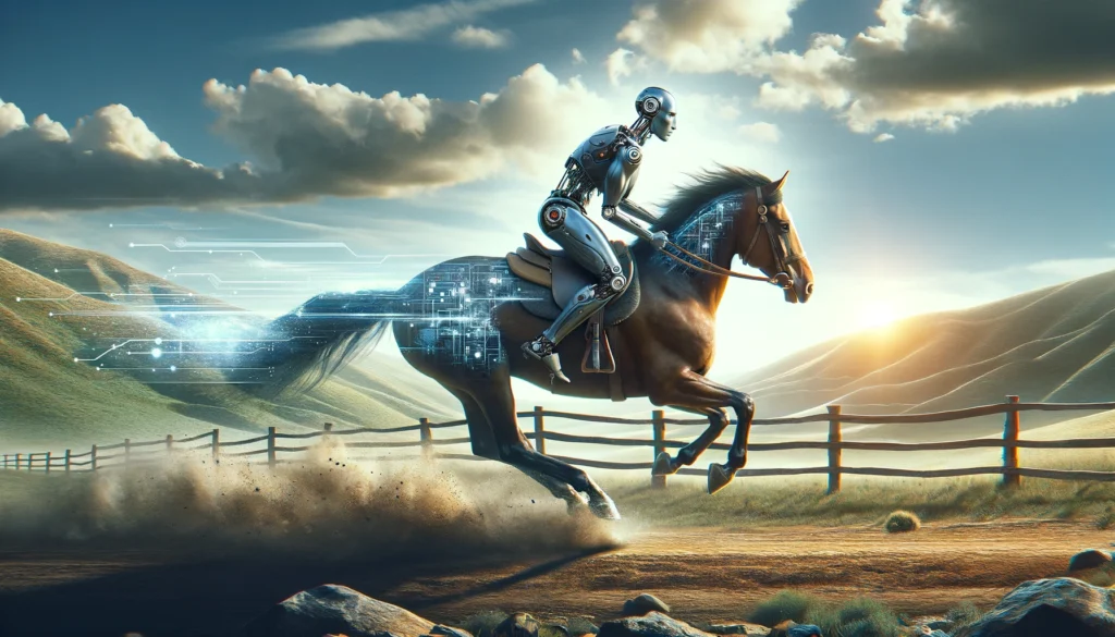 A workhorse with an AI robot rider, set in a dynamic outdoor landscape