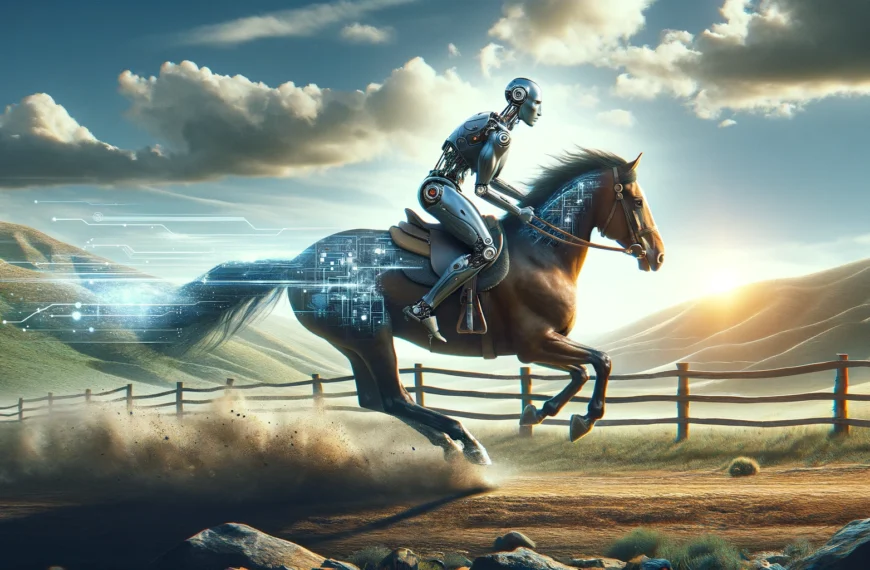 A workhorse with an AI robot rider, set in a dynamic outdoor landscape