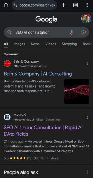 SEO AI Consultation #1 on Google - with paid above. mobile