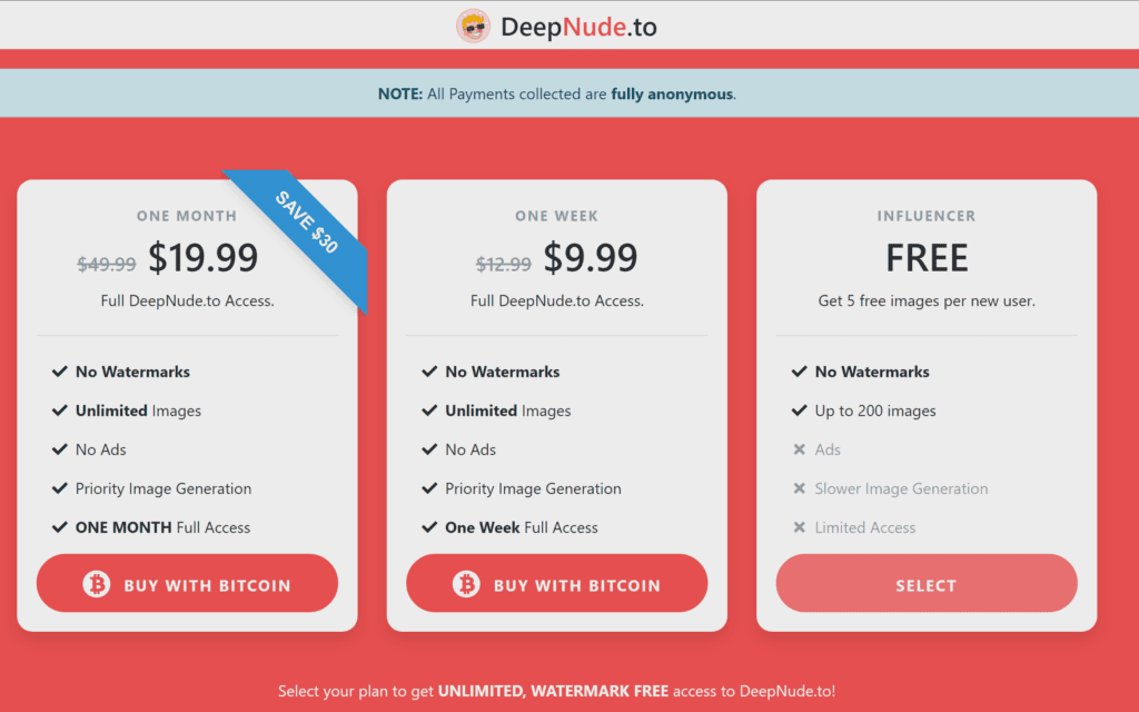 DeepNude.to Pricing