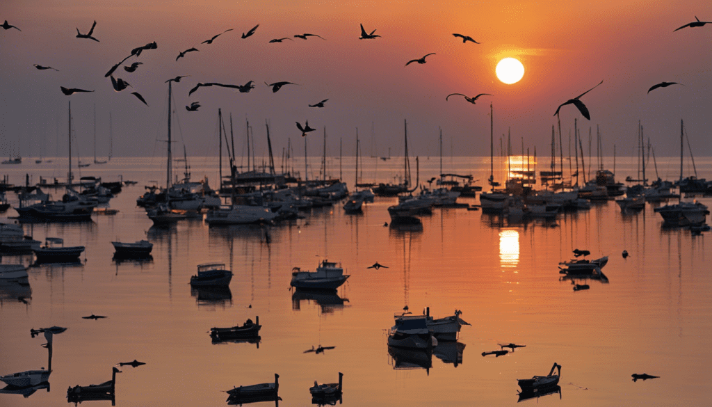 sunset with the sun entering the sea, lots of birds and boats in a peaceful sunset with no clouds