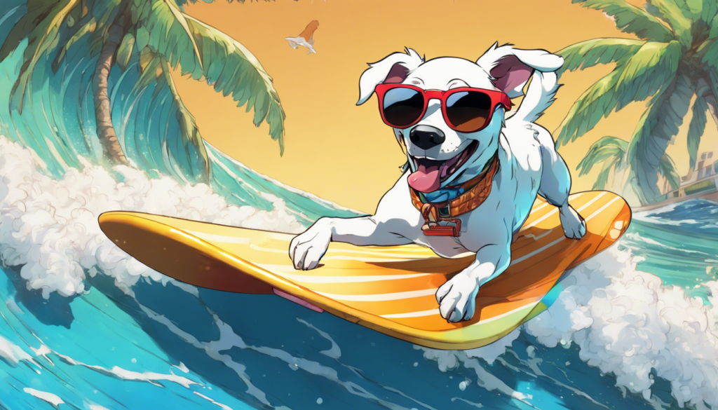 image of a dog riding a surf table on the sea, the dog wear sunglasses and smiles  