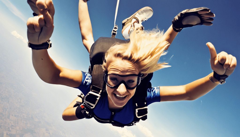 a young woman with blond hair doing skydiving