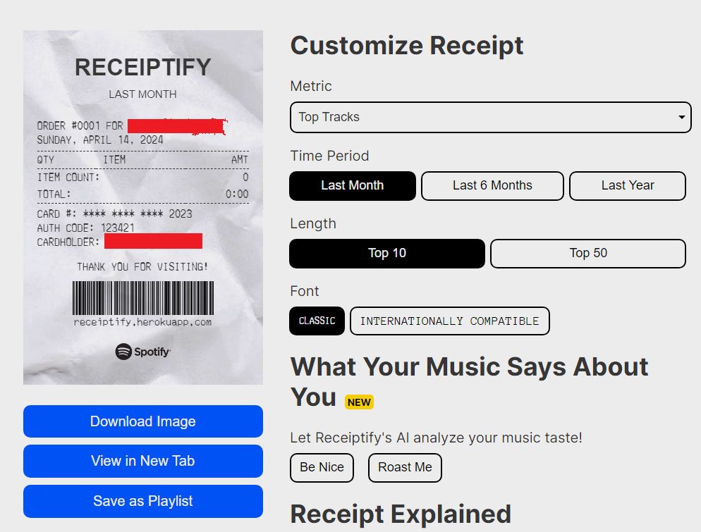 Receiptify Sample Music Receipt