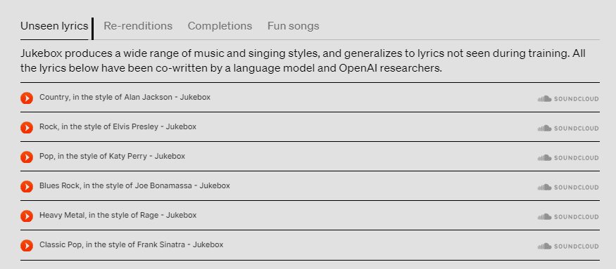 OpenAI Juke box examples songs