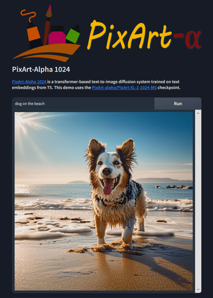 Pixart text to image dog on the beach test