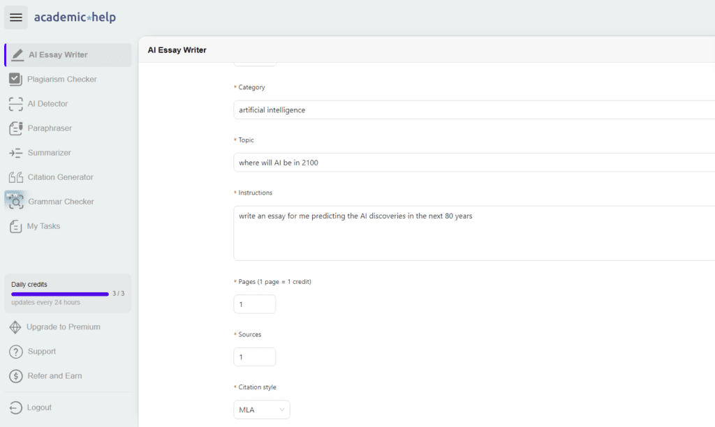 AI Essay Writer form