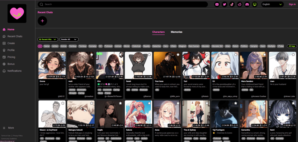 Crush on AI Characters list