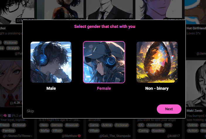 Crush on AI Character Gender Selection