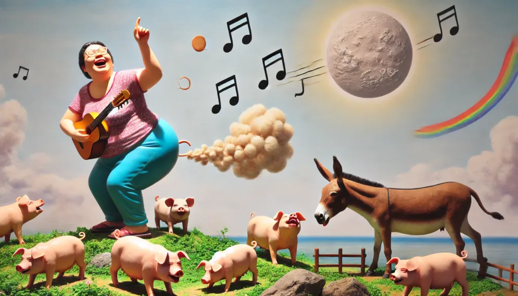 a fat woman farting and smiling, surrounded by pigs, with musical notes around her, and a whimsical sky with a donkey, sun, moon, and rainbow