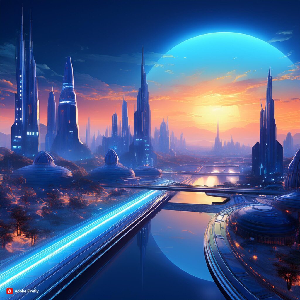 A blue-colored sunset over a city that looks to be from the future.