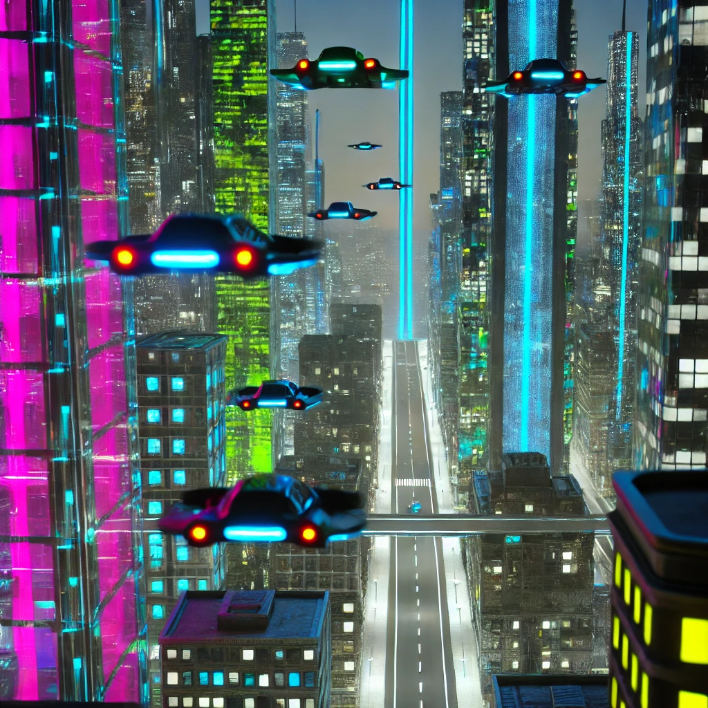 skyline of a futuristic city with flying taxi