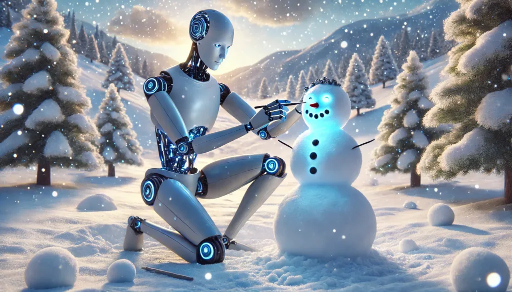 An AI robot sculpting a snowman in a snowy landscape. The robot is humanoid with a sleek metallic body and glowing 