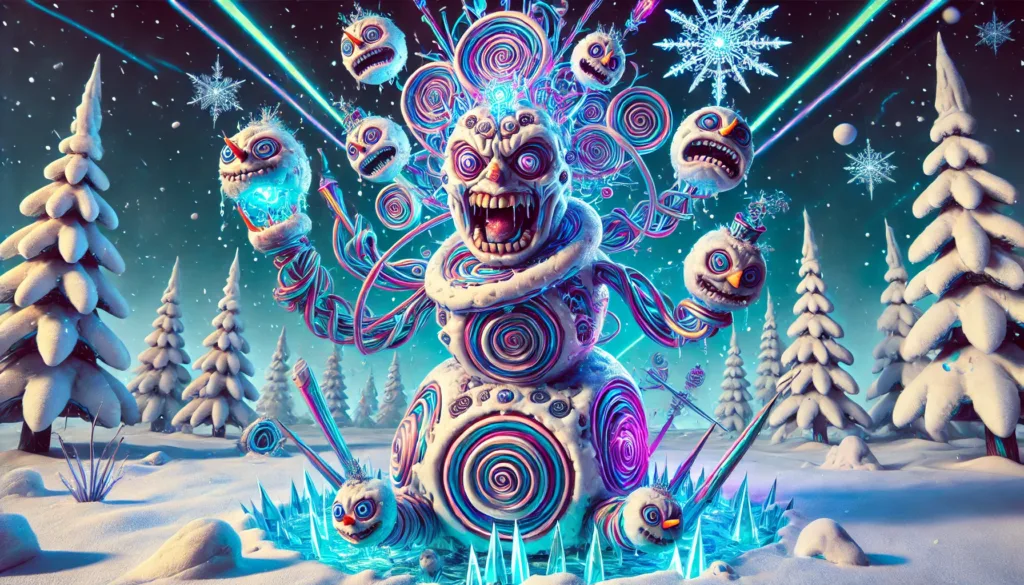 An ultra-crazy and highly imaginative snowman, featuring bizarre and unexpected elements like a twisted spiral body, glowing geometric shapes embedded